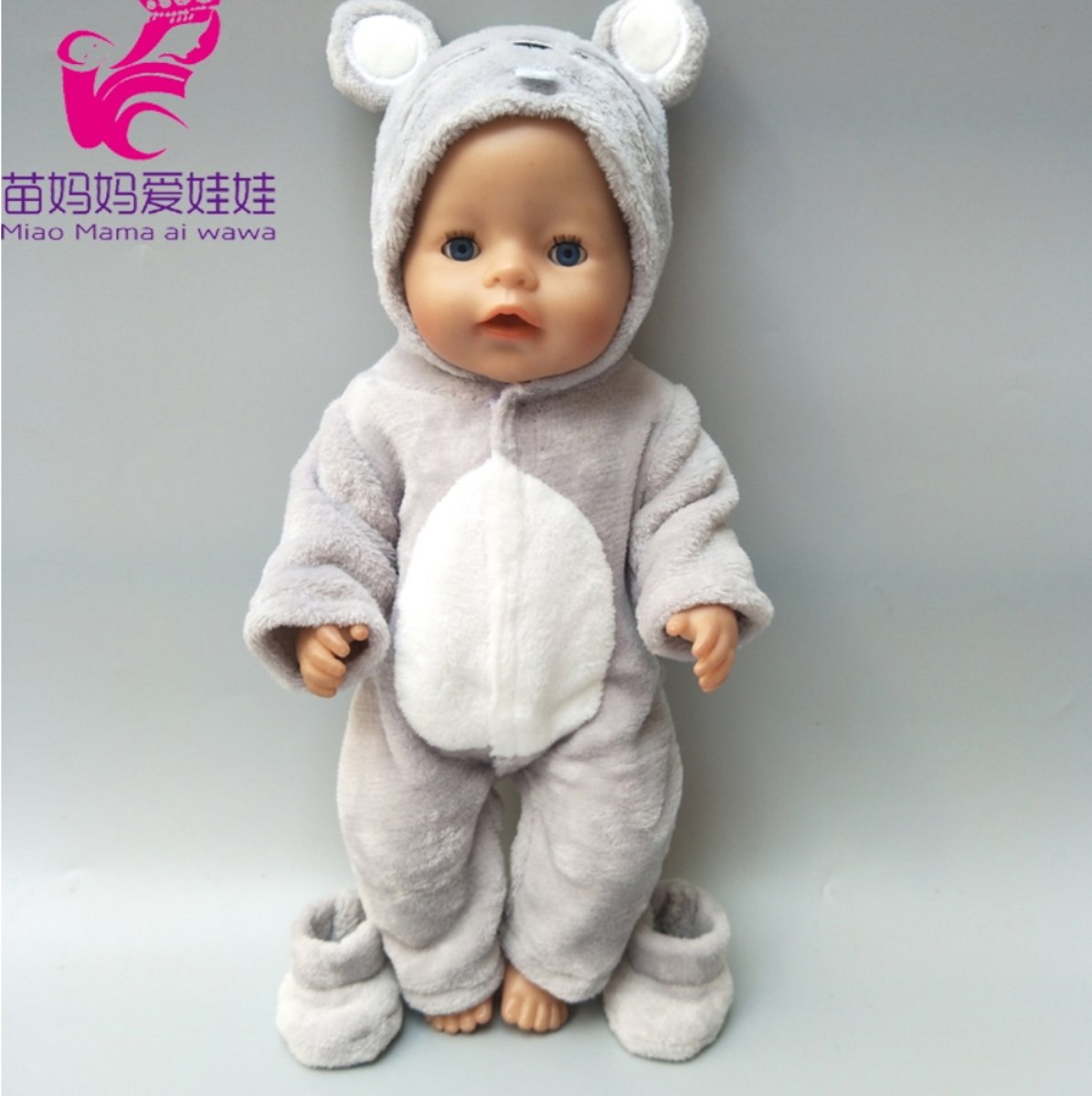 Poppenkleertjes | Geschikt voor Baby Born | Muis onesie met slofjes| Grijs | Met capuchon